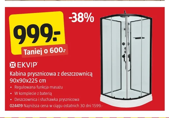 Kabina prysznicowa z deszczownicą Ekvip promocja w Jula