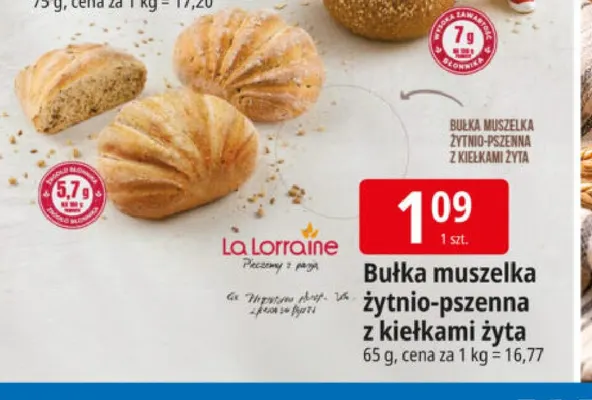 Bułka muszelka żytnio-pszenna z kiełkami żyta La Lorraine promocja w Leclerc
