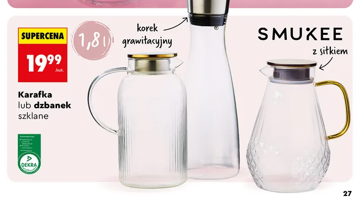 Karafka szklana Smukee 1,8 l promocja w Biedronka