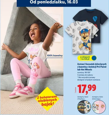 Zestaw 2 koszulek dziecięcych z bawełny z kolekcji Psi Patrol lub Hot Wheels promocja w Lidl