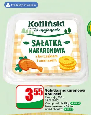 Sałatka makaronowa Kotliński w majonezie z kurczakiem i ananasem promocja w Dino
