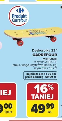 Deskorolka 22" CARREFOUR MINIONKI łożyska ABEC-5, maks. waga użytkownika 50kg, wym. 56x15cm promocja w Carrefour