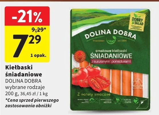 Kiełbaski śniadaniowe Dolina Dobra z suszonymi pomidorami promocja w Intermarche