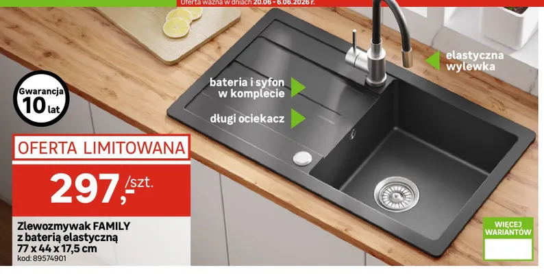 Zlewozmywak FAMILY z baterią elastyczną 77x44x17,5cm promocja w Leroy Merlin