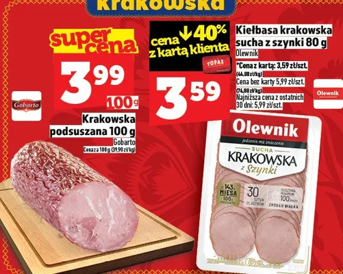 Kiełbasa krakowska sucha ze szynki promocja w TOPAZ