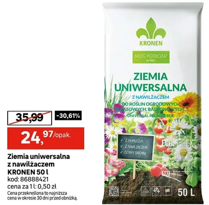 Ziemia uniwersalna z nawożeniem Kronen 50l promocja w Leroy Merlin
