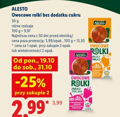 Owocowe rolki bez dodatku cukru jabłko malina Alesto promocja w Lidl