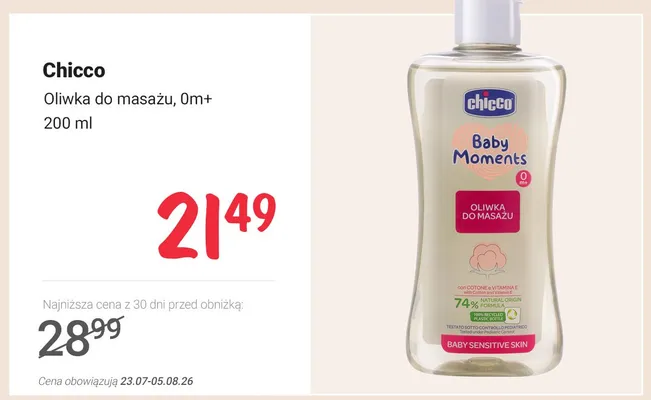 Oliwka do masażu Chicco 0 m+ promocja w Rossmann