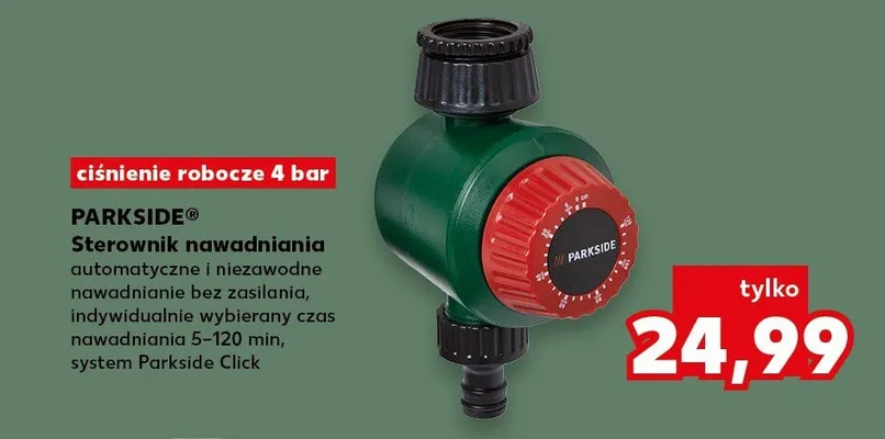Sterownik nawadniania automatyczne i niezawodne nawadnianie bez zasilania, indywidualnie wybierany czas nawadniania 5-120 min, system Parkside Click promocja w Kaufland