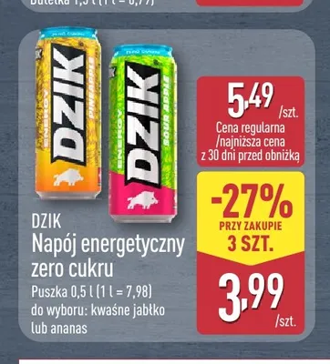 Napój energetyczny Dzik zero cukru kwaśne jabłko promocja w Aldi