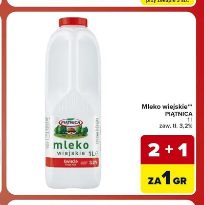 Mleko wiejskie świeże 3,2% Piątnica promocja w Carrefour Market