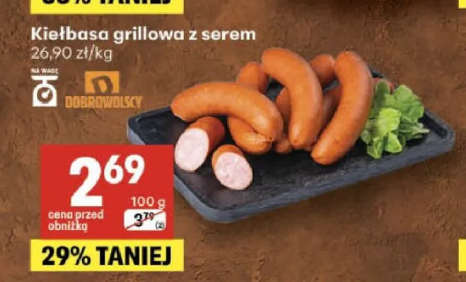 Kiełbasa grillowa z serem Dobrowolscy promocja w Delikatesy Centrum