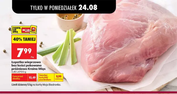 Łopatka wieprzowa bez kości pakowana próżniowo Kraina Mięs promocja w Biedronka
