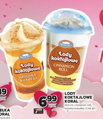 Lody koktajlowe cinnamon roll, krówka-kukułka Koral promocja w Stokrotka