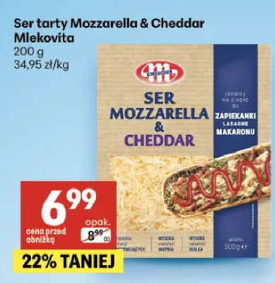 Ser tarty Mozzarella & Cheddar Mlekovita promocja w Delikatesy Centrum