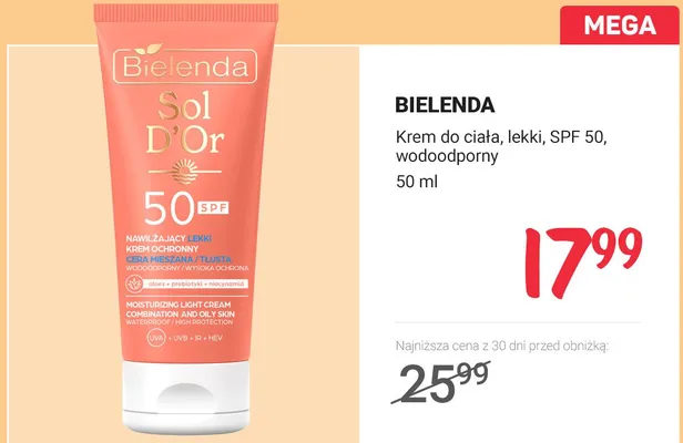 Krem do ciała Bielenda Sol D'Or lekki SPF 50 wodoodporny promocja w Rossmann
