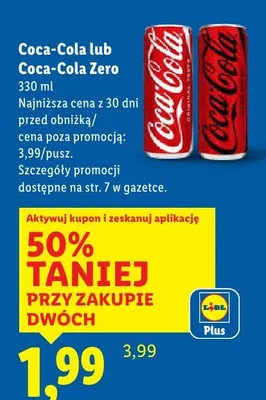 Napój Coca-Cola lub Coca-Cola Zero 330 ml promocja w Lidl