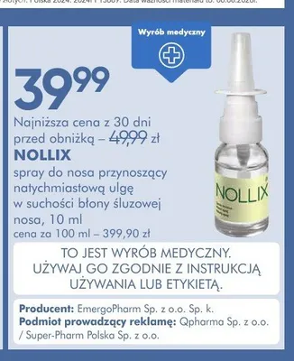 Spray do nosa przynoszący natychmiastową ulgę w suchości błony śluzowej nosa NOLLIX promocja w Super-Pharm