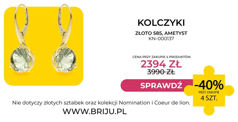 Kolczyki złoto 585 ametyst Briju KN-000137 promocja w Briju