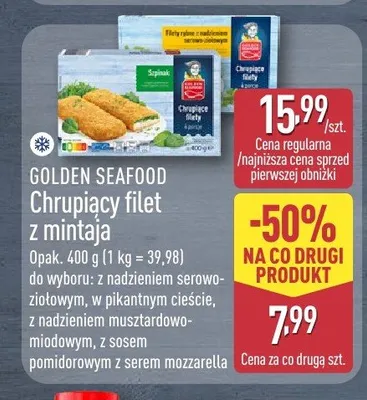 Chrupiący filet z mintaja z sosem pomidorowym z serem mozzarella Golden Seafood promocja w Aldi