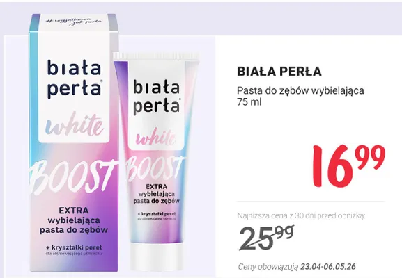 Pasta do zębów wybielająca Biała Perła White Boost Extra wybielająca z kryształkami pereł promocja w Rossmann