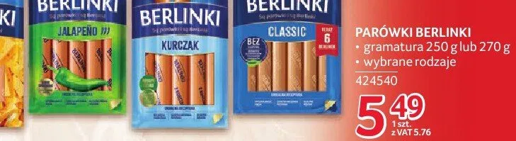 Parówki Berlinki gramatura 250 g lub 270 g wybrane rodzaje promocja w Selgros
