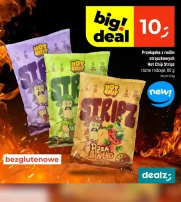 Przekąska z roślin strączkowych Hot Chip Stripz Pizza Jalapeno bezglutenowa promocja w Dealz