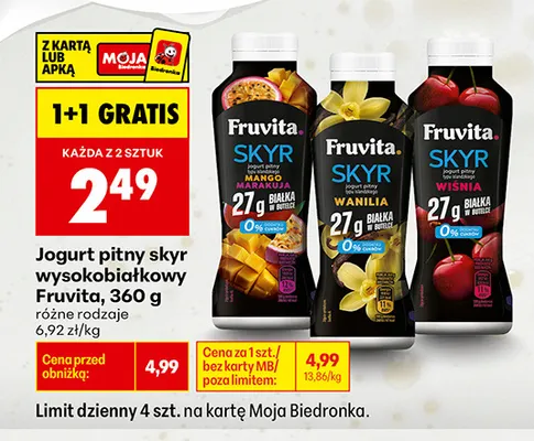 Jogurt pitny skyr wysokobiałkowy Fruvita wanilia promocja w Biedronka