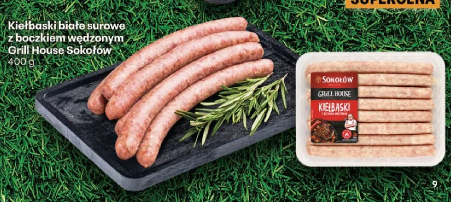 Kiełbaski białe surowe z boczkiem wędzonym Sokołów Grill House promocja w Delikatesy Centrum