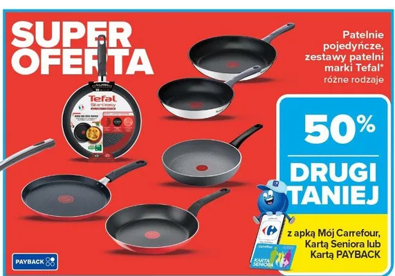Patelnie pojedyncze, zestawy patelni marki Tefal różne rodzaje promocja w Carrefour