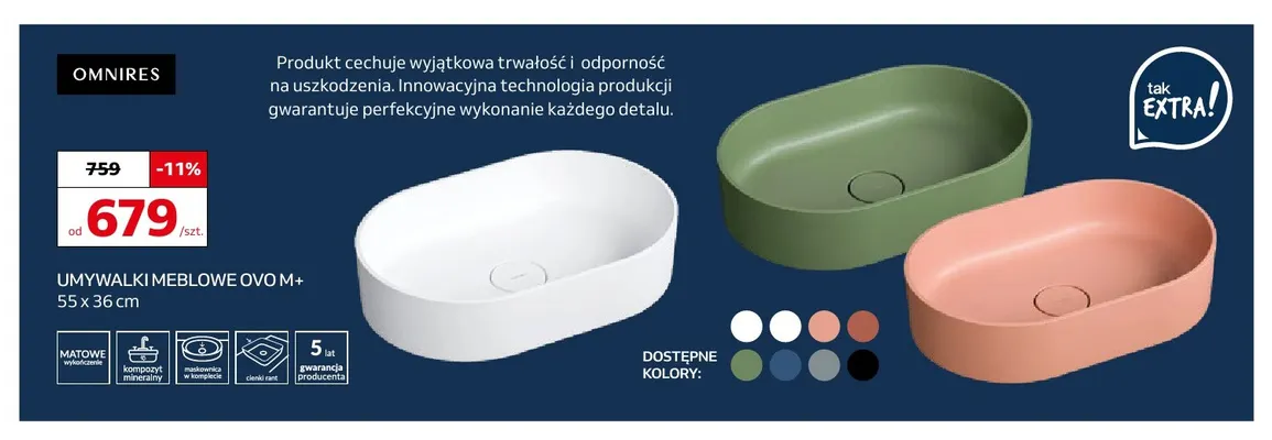 Umywalka meblowa Ovo M+ 55x36 cm Omnires promocja w Komfort