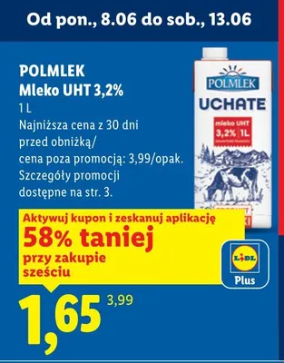 Mleko UHT 3,2% Polmlek promocja w Lidl