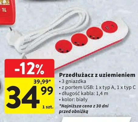 Przedłużacz z uziemieniem z portem USB promocja w Intermarche