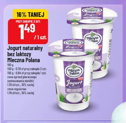 Jogurt naturalny bez laktozy Mleczna Polana promocja w POLOmarket