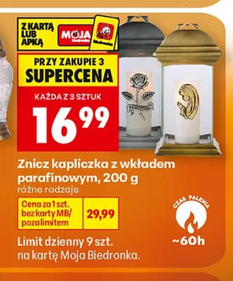 Znicz kapliczka z wkładem parafinowym 200 g promocja w Biedronka