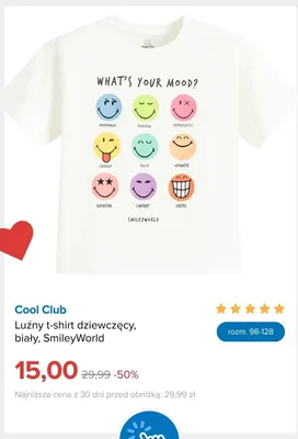 T-shirt dziewczęcy luźny biały Cool Club SmileyWorld promocja w Smyk