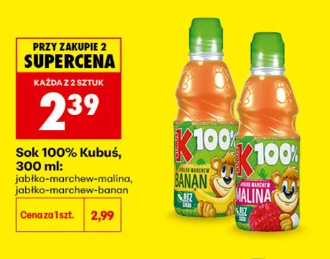 Sok 100% Kubuś jabłko-marchew-malina promocja w Biedronka