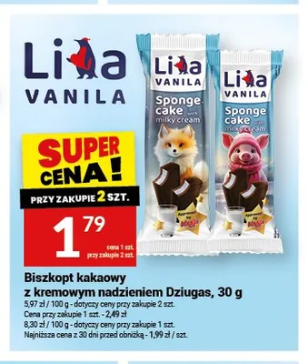 Biszkopt kakaowy z kremowym nadzieniem Dziugas 30g promocja w Twój Market