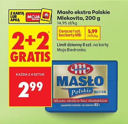Masło ekstra polskie 2+2 GRATIS promocja w Biedronka