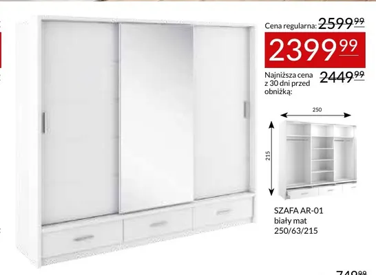 Szafa AR-01 Arti biały mat 250/63/215 promocja w Abra Meble