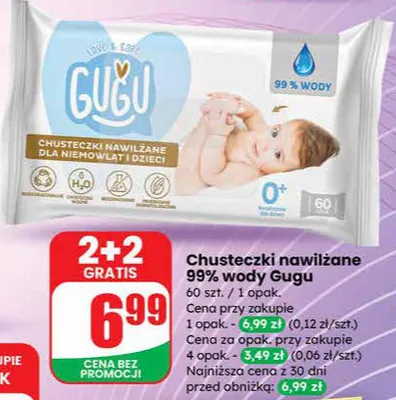 Chusteczki nawilżane 99% wody promocja w Dino