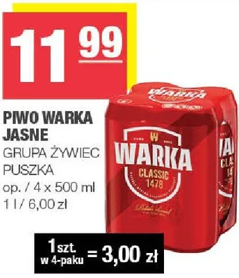 Piwo warka jasne puszka promocja w SPAR
