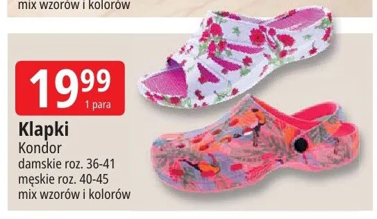 Klapki Kondor damskie roz. 36-41 męskie roz. 40-45 mix wzorów i kolorów promocja w Leclerc