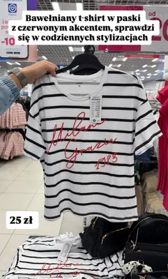 T-shirt damski w paski z czerwonym napisem promocja w Pepco