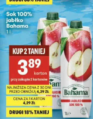 Sok jabłko Bahama 100% promocja w Delikatesy Centrum