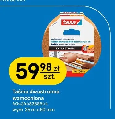 Taśma dwustronna wzmocniona Tesa Extra Strong 25 m x 50 mm promocja w Castorama