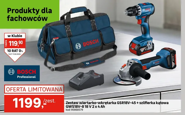 Zestaw wiertarko-wkrętarka Bosch GSR18V-45 + szlifierka kątowa GWS18V-8 promocja w Leroy Merlin