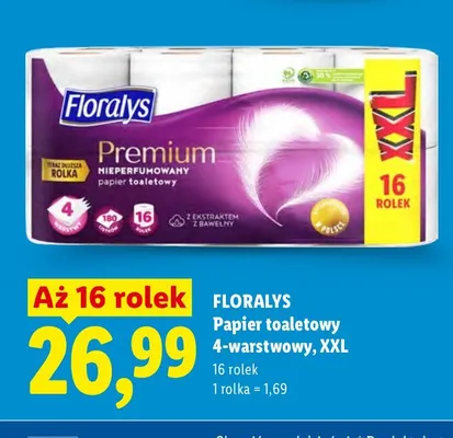 Papier toaletowy 4-warstwowy Floralys Premium XXL 16-pak promocja w Lidl