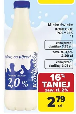 Mleko świeże Koneckie Polmlek zaw. tł. 2% promocja w Carrefour