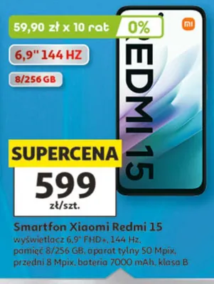 Smartfon Xiaomi Redmi 15 wyświetlacz 6,9" FHD+ 144Hz pamięć 8/256 GB aparat tylny 50 Mpix przedni 8 Mpix bateria 7000mAh klasa B promocja w Auchan
